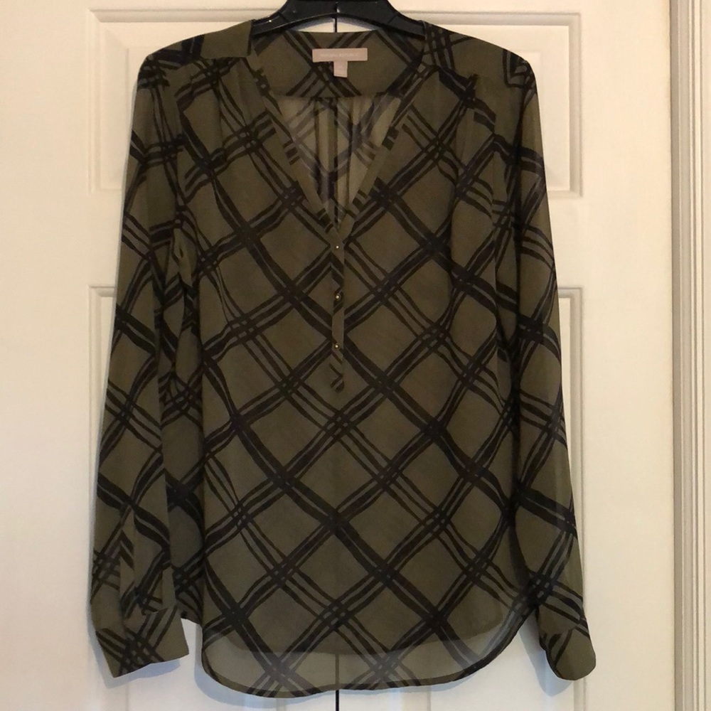 Banana Republic Sheer Plaid Open Neck Blouse